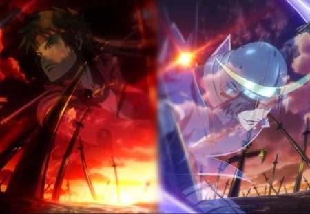 Sengoku Basara - anime, yukimura sanada, masamune date, swords, date masamune, sanada yukimura, weapons, sengoku basara, samurai, sunset, warriors, sun, sky