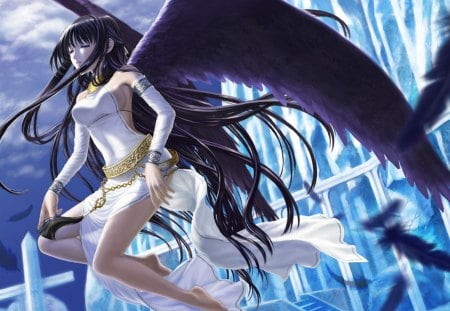 Morrighan - morrighan, angel, female, girl, feathers, wings, long hair, flying, games, mabinogi, video games