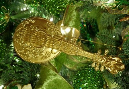 Violin decoration - music, green, violin, golden, tree, decoration, gold, christmas