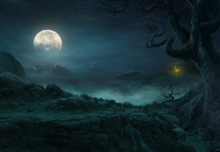 UNDER THE MOONLIGHT - moon, sky, clouds, light, night, fog, tree