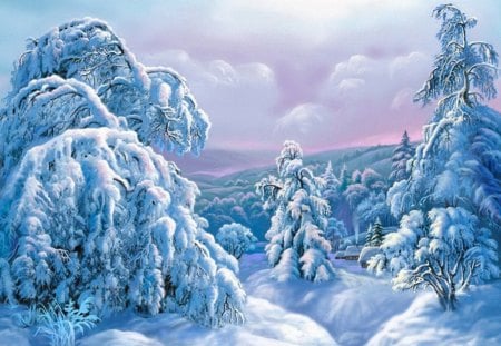 Winter mountain - clouds, pretty, trees, winter, beautiful, snow, forest, lovely, mountain, deep, slopes, frozen, painting, frost, nice, sky