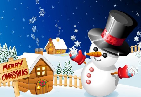 Merry Christmas - nice, fun, cottage, sky, joy, santa claus, colorful, painting, pretty, cold, evening, clouds, noel, house, frozen, snowman, fence, deep, snowflakes, lovely, village, frost, snow, beautiful, cabin, eve