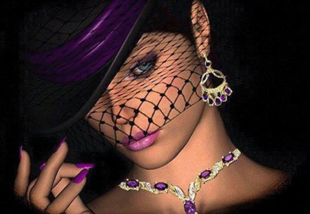 mysterious woman - woman, jewelry, veil, hat, fashion, necklace, model, earrings, purple