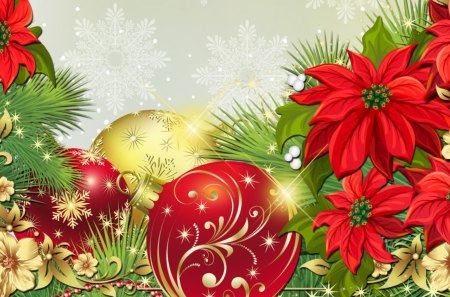 Flowers for Feliz Navidad - stars, snowflakes, shine, gold, christmas, glow, balls, fleurs, decorations, poinsettias, flowers, feliz navidad