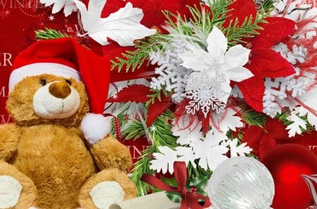 Winter Holiday - red, snowflakes, flowers, stars, christmas, white, balls, teddy bear, feliz navidad, scrolls, ribbons, poinsettias, bows