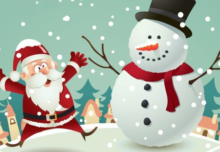 What a Big Snowman - snowman, winter, whimsical, snow, surprise, st nick, santa claus, village, christmas, feliz navidad, houses, shocking