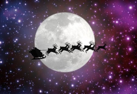 Starry Christmas Ride - stars, st nick, santa clause, christmas, feliz navidad, sleigh ride, bright, reindeer, full moon