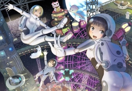 space city - space, manga, anime, astronauts, lucky cat