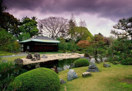 Japanese Garden - garden, tree, japanese, clouds