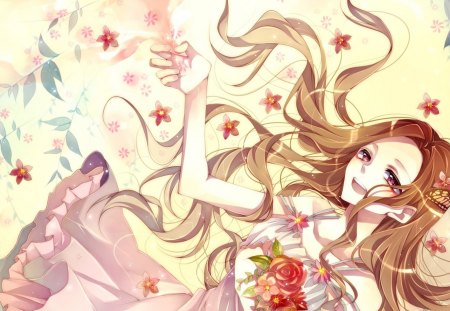 Charm - anime, brown, beautiful, dress, girl, eyes, long, pink, stars, hair, red, cute