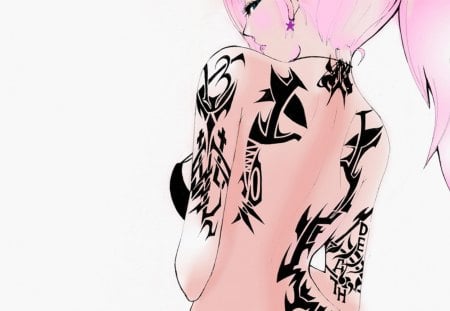 Megurine Luka - tattoo, anime girl, vocaloid, female, white background, girl, luka megurine, luka, megurine luka, lone, pink hair, blue eyes