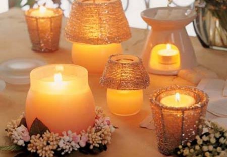 Lovely candles - flower wreaths, candle holder, candles, orange, colors