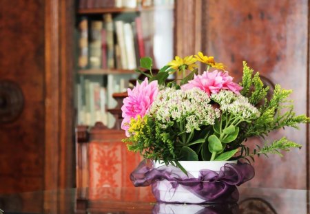 ~Flowers~ - ribbon purplebasket, vases, roses, tulips, interior, room, flowers