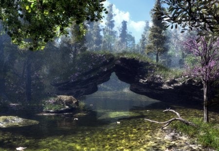 Forest - forest, river, water, animal, cg