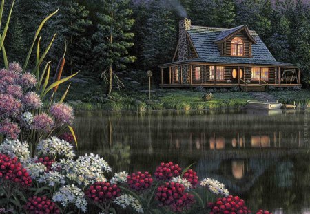 Lake - nature, lake, forest, beautiful, house, flowers, lanscape