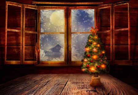 CHRISTMAS TREE - moon, window, snow, night, tree ornaments, shutters, tree