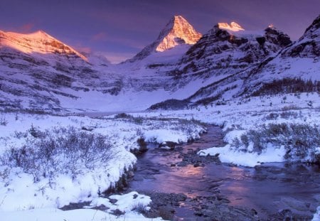 Frozen mountain creek - nice, stream, creek, cold, reflection, river, frozen, mountain, winter, peaks, lovely, slopes, nature, frost, blue, snow, beautiful