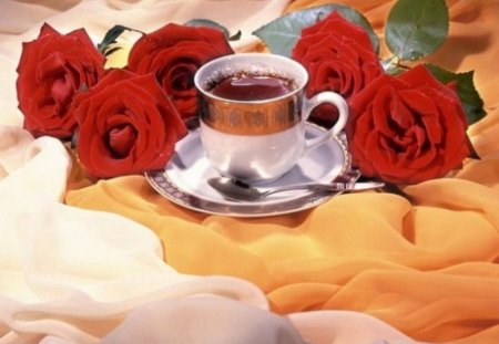 Good Morning - morning, morning break, roses, flowers, cup