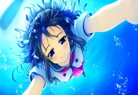 Misaki Souka - aete mushisuru kimi to no mirai, anime, misaki souka, water, blue, girl, sweet, short ahir, big breasts, black hair, cute, blue eyes