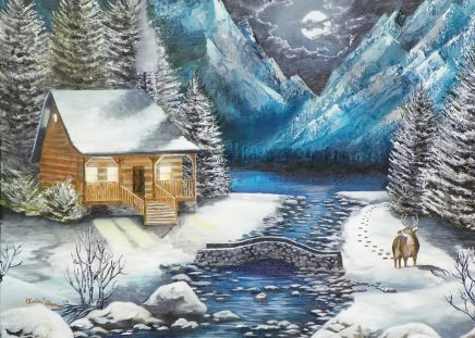 Winter solstice - cabin, creek, snow, stream, mountain, calmness, shore, cliffs, frost, nice, cottage, house, winter, beautiful, lovely, peaks, stones, tree, village, river, frozen, nature, solstice, painting, cold, serenity, peaceful