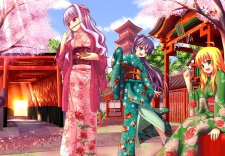 Friend - pretty, anime, female, food, dress, blonde, plant, long hair, shrine, pagoda, statue, house, anime girl, sakura, cherry blossom, beautiful, girl, beauty, kimono, sakura blossom, sweet, flower, petals, yukata, tree, temple