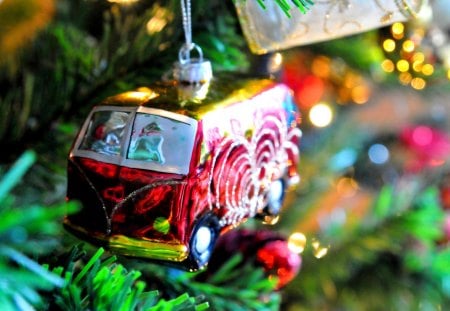 CHRISTMAS DECORATION - christmas, branches, christmas tree, fir, bus, toys, tree