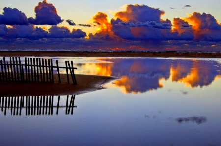 SUNSET CLOUDS - clouds, shore, sunset, sea, fence