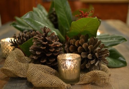 Ï‰âœ¿Ï‰  Little Christmas Ï‰âœ¿Ï‰ - rustic, fire cone, winter, love, centerpiece, forever, fresh, candle, brown, little, merry christmas, light, flame, arrangement, nature, green