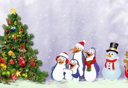 Sing Around the Christmas Tree - snowman, winter, penguins, whimsical, snow, tree, christmas, feliz navidad, cute