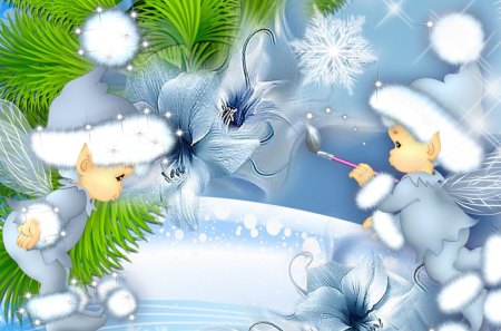 Painting Winter Blue - elves, winter, snowflakes, paint brush, christmas, fleurs, cold, sweet, tree, flowers, cute, feliz navidad