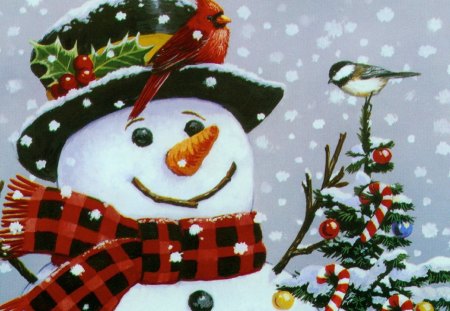 Snowman christmas - snowman, season, hat, scarf, holly, christmas, christmas tree, red, snow, cardinal, ornaments, birds, happy