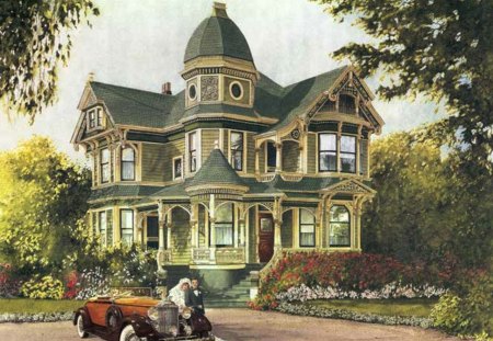 Just Married - car, house, auto, bride and groom, 1920s, art deco, mansion