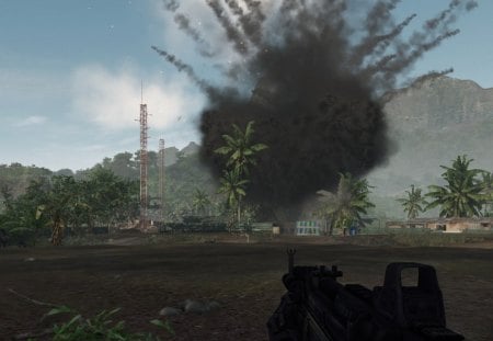 Crysis - helicopter, smoke, camp, green