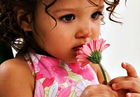 Cute baby with pink flower - girl, pink, thinking, sweet, tender, cute, flower