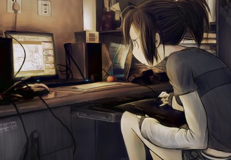 Anime - girl, draw, room, anime, comp