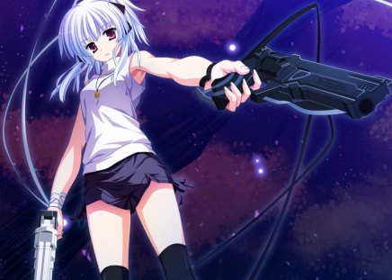 Anime - short hair, anime, anime girl, weapon, red eyes, ribbons, white hair