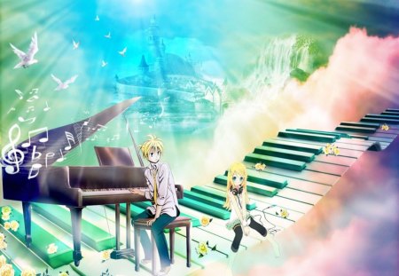 Fantasy Heaven - bird, headphone, anime, female, blonde, long hair, boy, keyboard, male, music, animal, notes, sky, castle, abstract, piano, anime girl, girl, palace, flower, fantasy, instrument, waterfall, cloud, rose