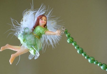 Little fairy ornament for my lovely friend Beautiful-Life - beads, ornament, feather, christmas, white, green, glitter, wings, fairy