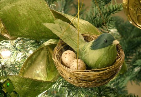 Green bird ornament - christmas, bird, nature, glitter, bow, green, tree, golden, egg, cute