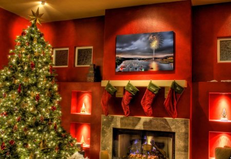 CHRISTMAS NIGHT - holidays, fireplace, tree, socks, christmas