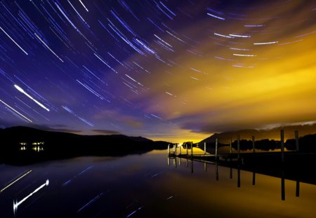 DAZZLING METEOR SHOWER - meteor, landscape, lake, night, stars, sky, bridge