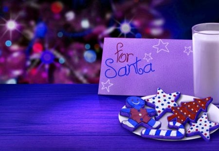 Dear Santa... - milk, gifts, blue, sparkles, santa claus, holiday, nice, mood, beautiful, table, letter, lovely, tree, christmas, colorful, santa, new year, bubbles, glass