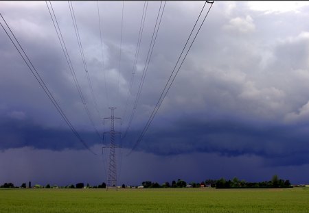 Powerline field - powerline, field, nature, sky