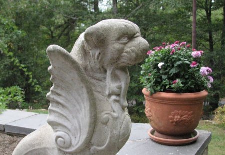 Gargoyle - flowers, garden, gargoyle, statue