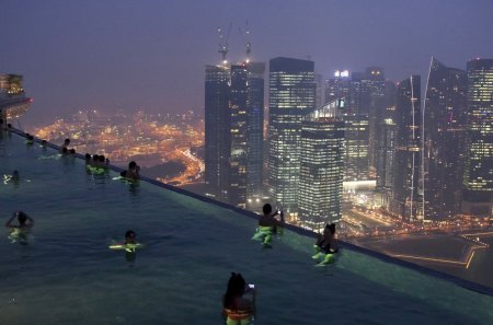 infinity pool on hotel roof in malaysia - lights, poll, skyscrapers, hotel, city