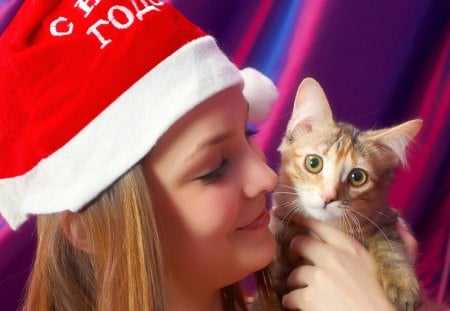 Wow! You're not Santa! - woman, cat, girl, eyes, santa claus, funny, helper, kitten, christmas, white, red, animal, cute