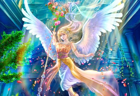 Light of Rebirth - heaven, pretty, anime, female, wing, maiden, dress, blonde, angel, light, long hair, anime girl, beautiful, hot, girl, feather, beauty, sweet, flower, petals, cg, fantasy, wings, cute, sexy