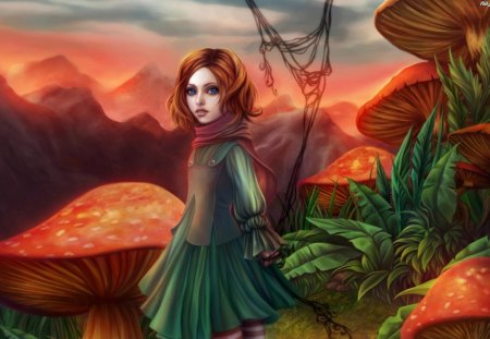 Mushroom Land - mushrooms, plants, girl, fantasy