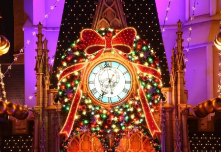 Christmas clock - ornament, night, christmas, purple, bow, pink, red, green, clock, decoration, lights