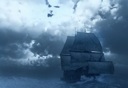 Fantasy Ship - clouds, sea, fantasy, ship